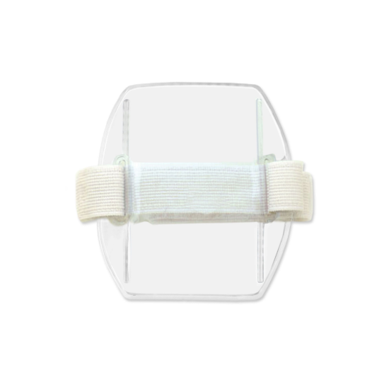 Picture of Pack of 25 - Clear Vinyl Vertical Arm Band Badge Holder with White Strap, 2.38" x 3.38"