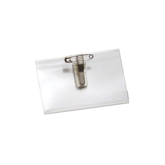 Picture of Pack of 100 - Clear Rigid Vinyl Horizontal Name Tag Holder with Pin/Clip Combo, 4" x 2.5"