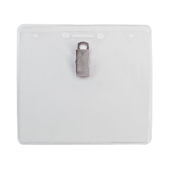 Picture of Pack of 100 - Clear Vinyl Horizontal Badge Holder with U Bulldog Clip Slot and Chain Holes 4" x 3"