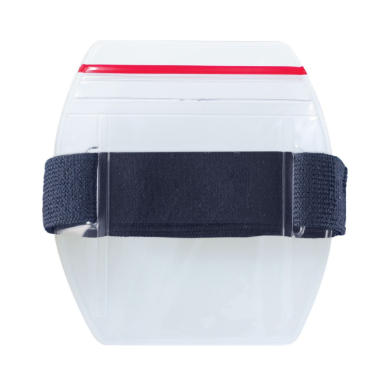 Picture of Pack of 25 - Clear Vinyl Vertical Arm Band Badge Holder with Resealable and Blue Strap, 2.2" x 3.38"