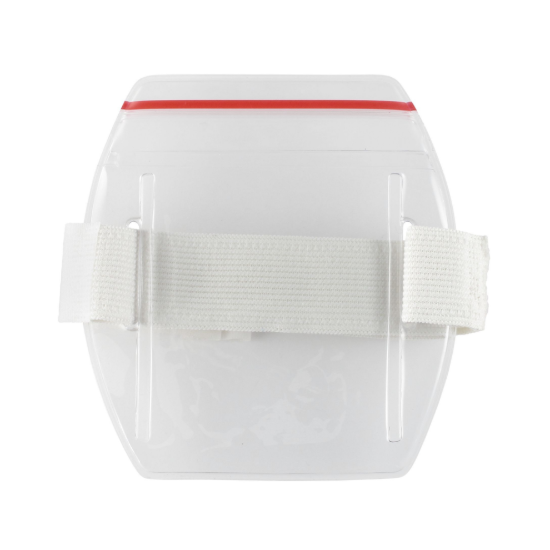 Picture of Pack of 25 - Clear Vinyl Vertical Arm Band Badge Holder with Resealable and White Strap, 2.2" x 3.38"