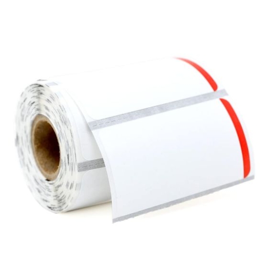 Picture of PDC Direct Thermal Paper Label, 2-1/4" x 1-1/4", White with Red Stripe, 3/4" Core, 250 per Roll